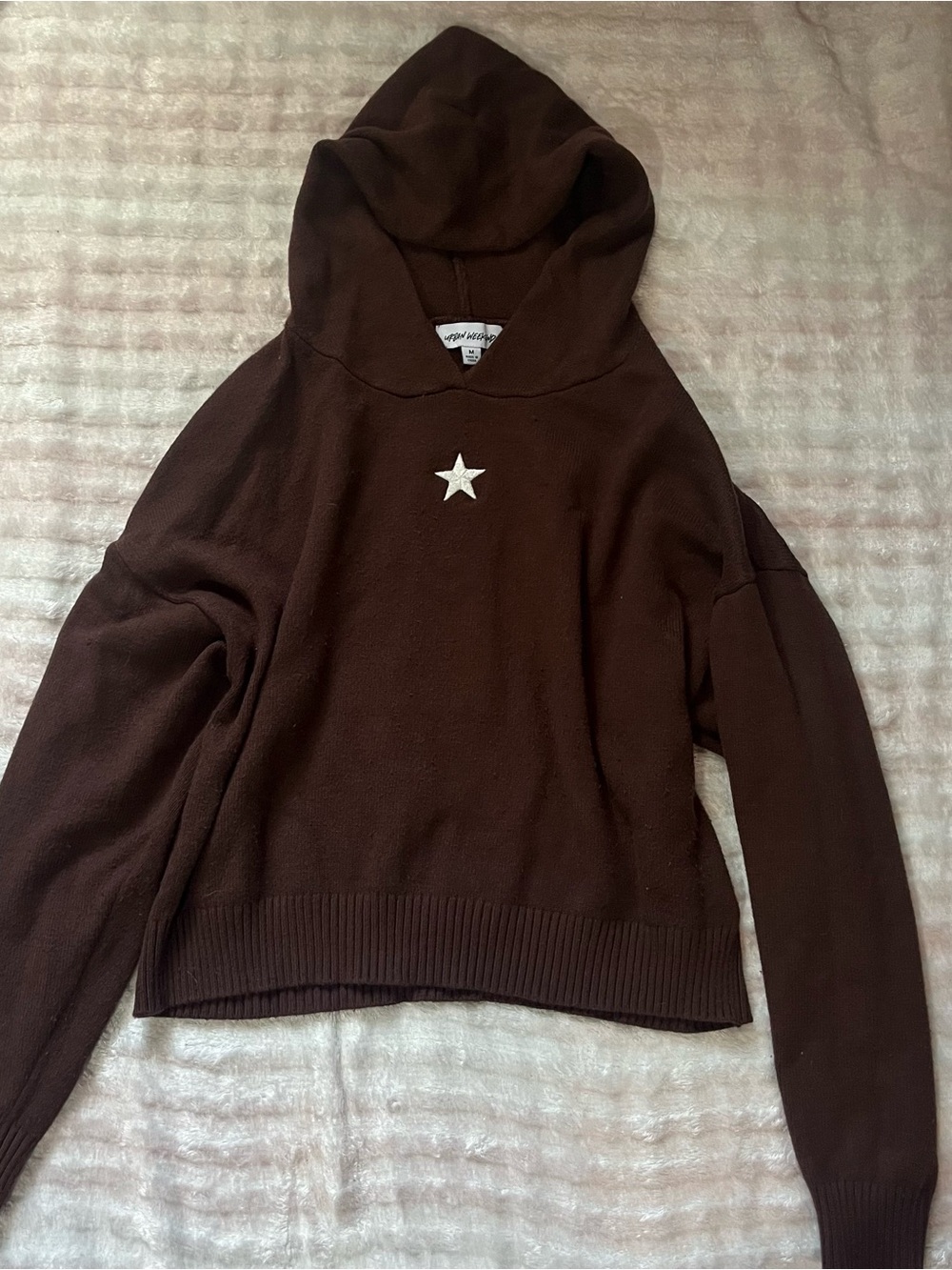Y2K UrbanWeekend Hippie Whimsy Brown & White Star Drop shoulder Hoodie Sweater